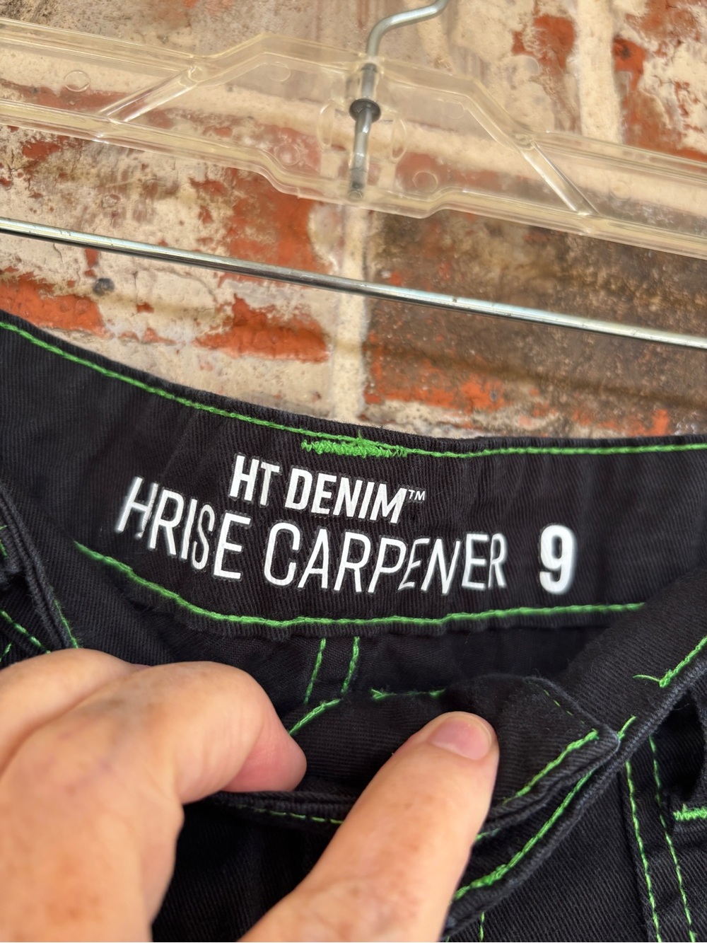 Hot Topic Denim Black High Rise Cargo Pants with Green Stitching - Picture 3 of 7